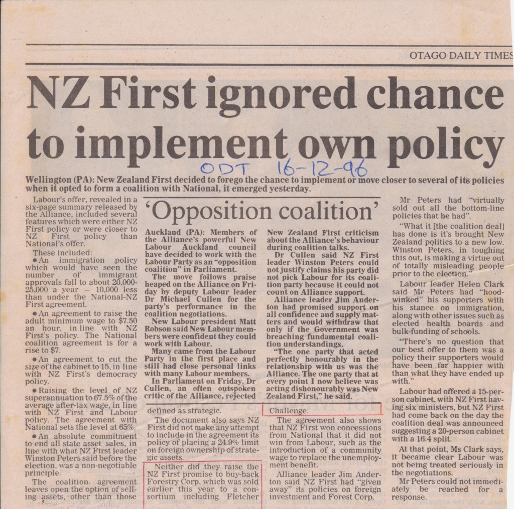 NZ First ignored chance to implement own policy